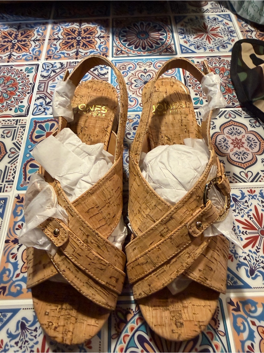 Jones New York Cork-Textured Tan Slingback Wedge Sandals